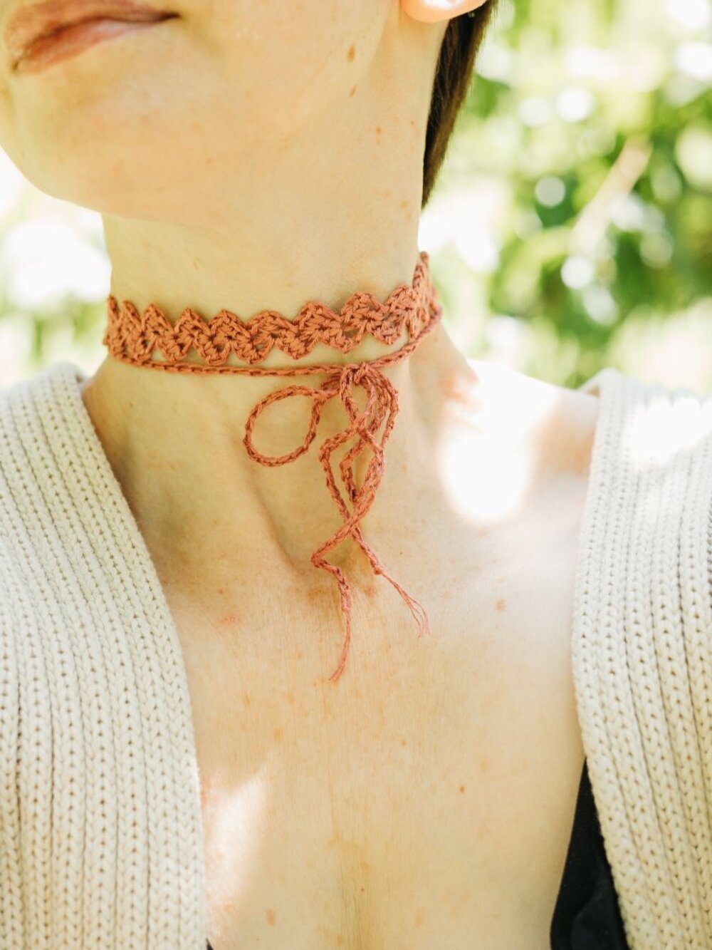 Handmade Crochet Pink Linen Zig Zag Choker Necklace